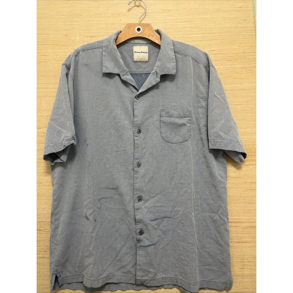 Men's Tommy Bahama XL Blue Checkered Silk Button Up Shirt Short Sleeve